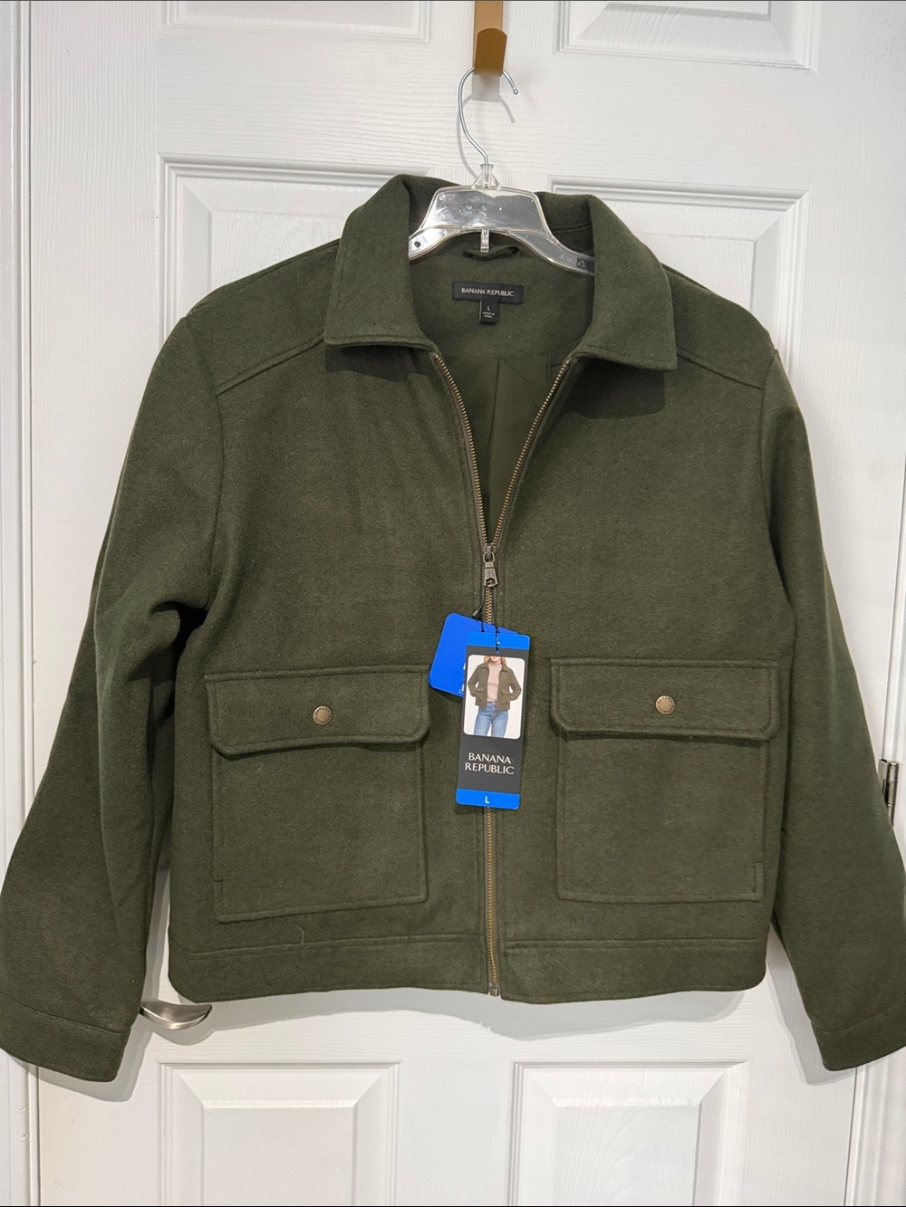 NWT Banana Republic Olive Green Zip-Front Pea Coat. Size large.